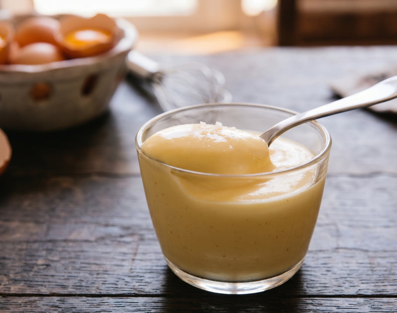 A small glass serving cup of traditional Polish Kogel Mogel dessert with a spoon lifting a thick, glossy ribbon.