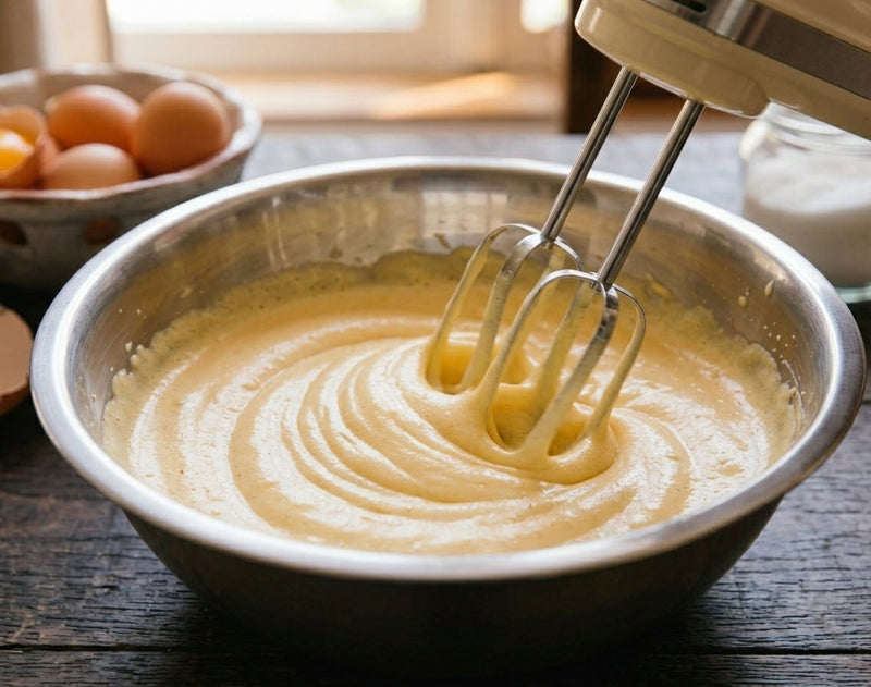 An electric hand mixer whipping egg yolks and sugar into a pale yellow ribbon stage inside a stainless steel bowl for Kogel Mogel.