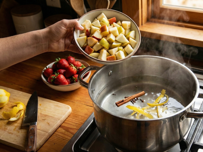Stovetop with pot of simmering ingredients, bowls of chopped apples and strawberries on a wooden surface. | Cook & Keeper - polish kompot