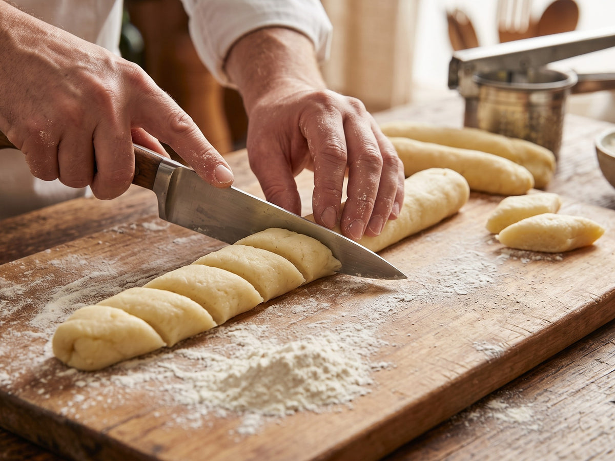 A chef's hands using a knife to slice a rolled cylinder of potato dough diagonally into diamond-shaped Kopytka dumplings on a floured wooden board.