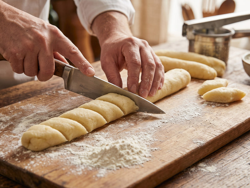 A chef's hands using a knife to slice a rolled cylinder of potato dough diagonally into diamond-shaped Kopytka dumplings on a floured wooden board.