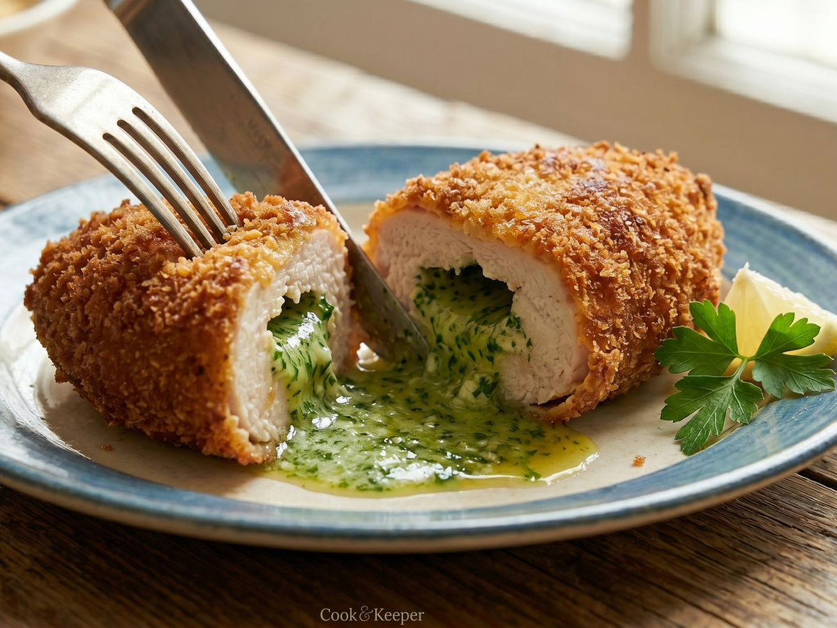 Breaded chicken roll with green sauce on a plate, cut open to reveal filling. | Cook & Keeper - Kotlet De Volaille Polish Stuffed Chicken Breast