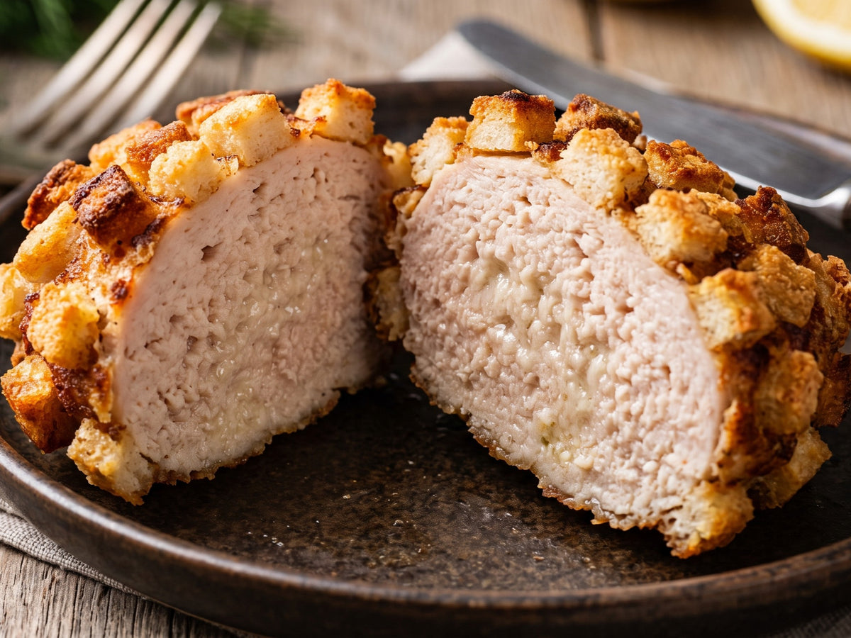 A close-up cross-section of a cooked Polish Pozharsky cutlet, revealing a juicy minced chicken interior surrounded by a thick, golden-brown crust of crispy cubed bread croutons.