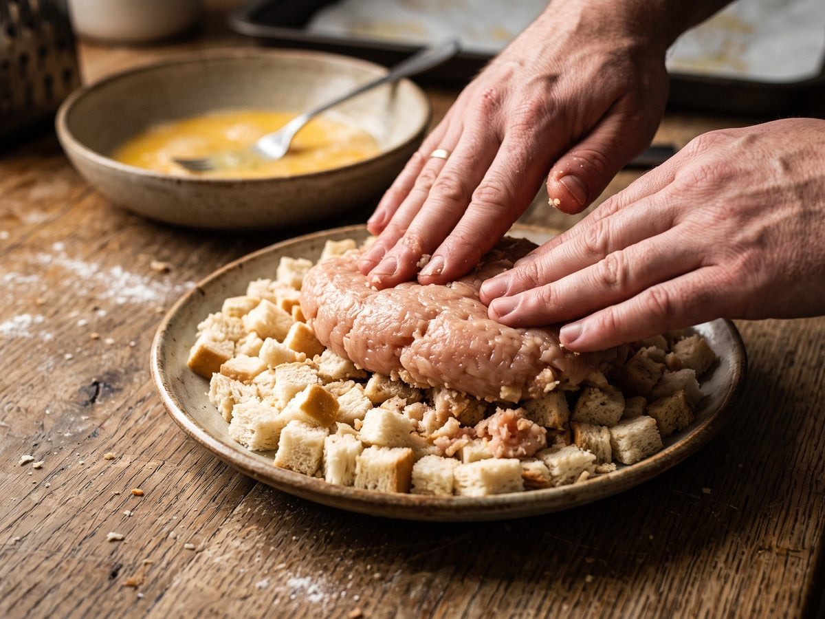 A chef's hands firmly pressing a raw minced chicken patty into a plate of small, cubed bread croutons to coat it, alongside a bowl of whisked egg on a rustic wooden table.