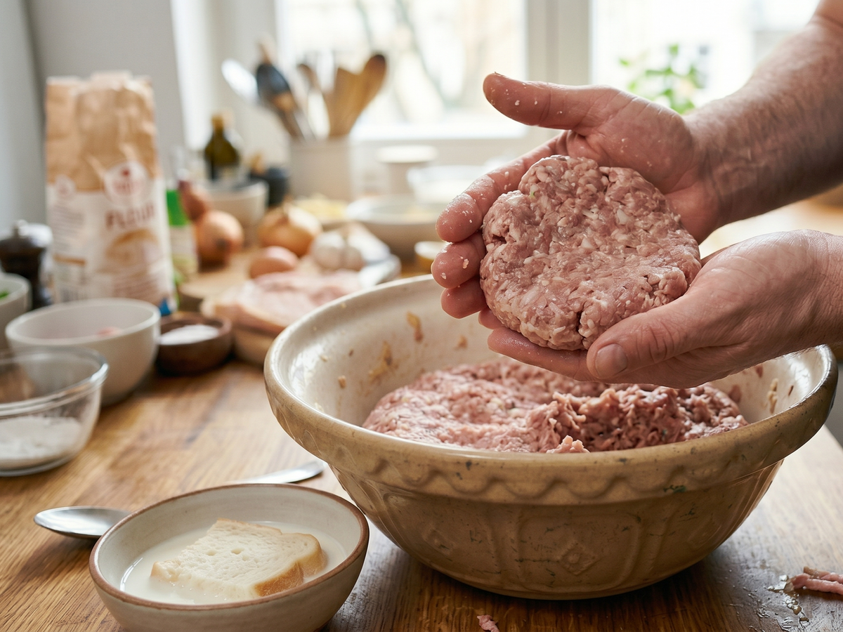 Person forming ground meat into a patty over a bowl on a kitchen counter.