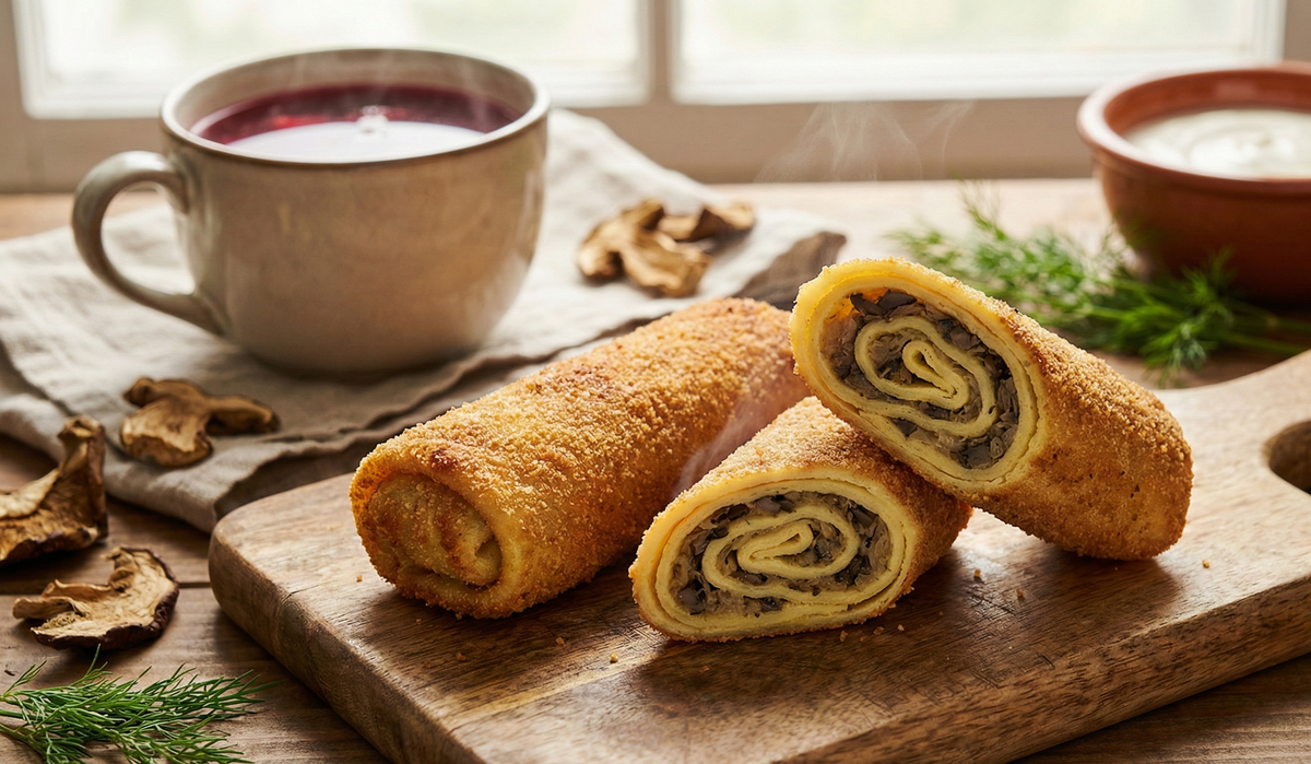 Rolled krokiety with a cup of czerwony barszcz and a bowl of cream on a wooden surface. | Cook & Keeper - Krokiety