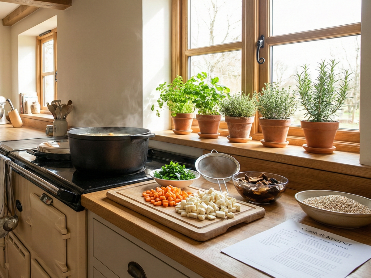 Kitchen counter with cooking ingredients and plants by a window | Cook & Keeper - Krupnik