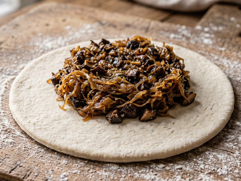 A flat, round disc of raw yeast dough topped with a savory mound of cooked, shredded sauerkraut and chopped mushroom filling on a flour-dusted rustic wooden board.