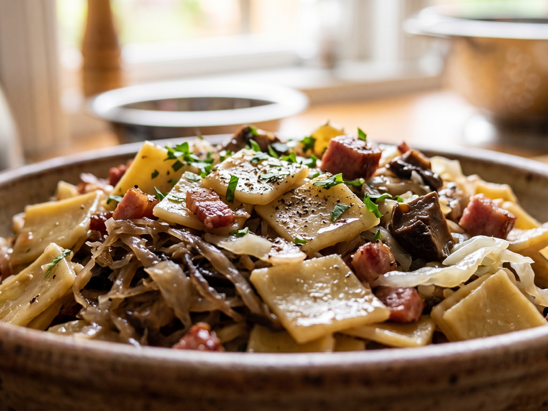 Pasta dish with vegetables and meat in a bowl on a wooden table. | Cook & Keeper - Łazanki (Traditional Polish Cabbage and Pasta)