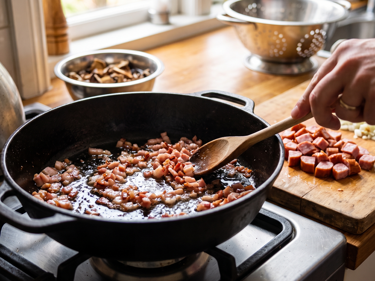 Person cooking bacon in a frying pan on a stove with ingredients around. | Cook & Keeper - Łazanki (Traditional Polish Cabbage and Pasta)