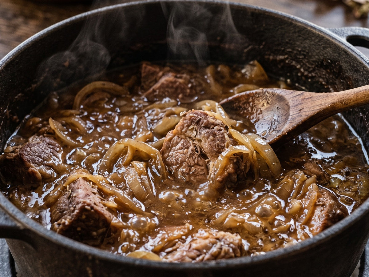 A close-up of a hearty stew or braised meat dish simmering in a dark cast iron pot, with sliced onions and a wooden spoon lifting a portion of the rich brown sauce.