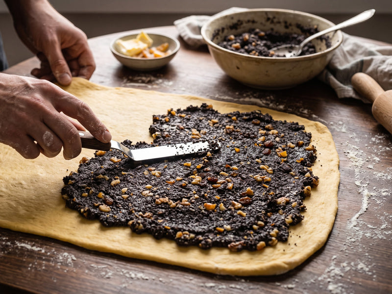 A baker's hands using an offset spatula to spread a thick, dark poppy seed filling mixed with walnuts and raisins evenly over a flat sheet of yeast dough on a wooden table.