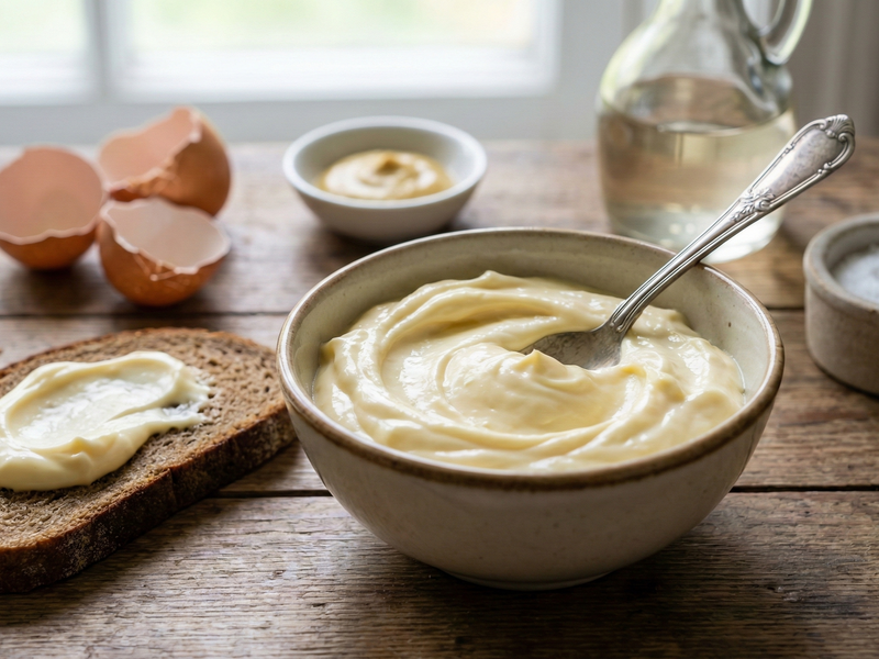 Bowl of mayonnaise with a spoon, toast, and eggshells on a wooden table. | Cook & Keeper - Polish style mayo