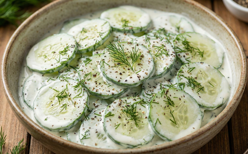Mizeria - Cucumber salad with yogurt in a ceramic bowl on a wooden surface | Cook & Keeper - Mizeria