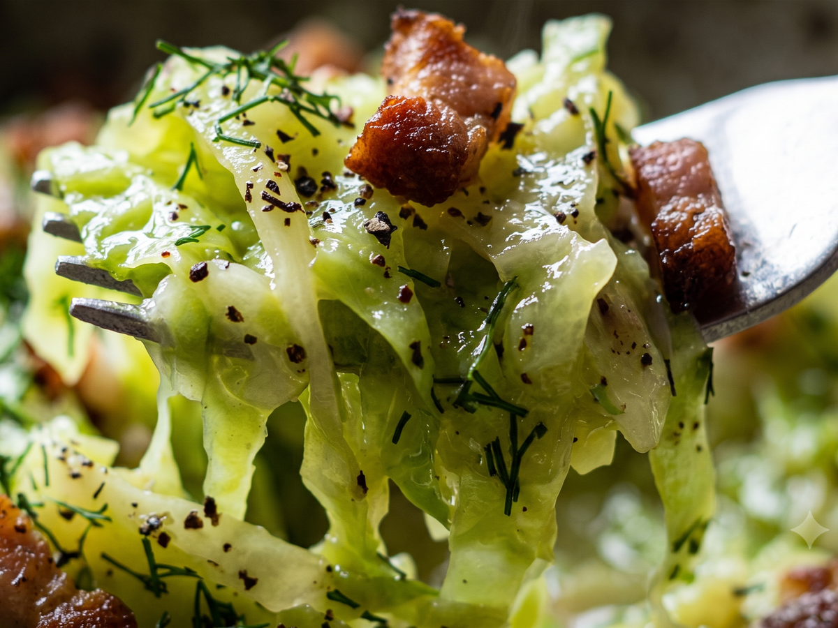 Close-up of a fork lifting a serving of cabbage salad with bacon bits and dill. | Cook & Keeper - Mloda Kapusta