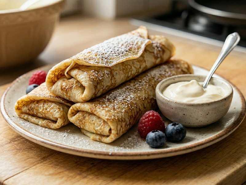 Three rolled crepes on a plate with a bowl of whipped cream and berries on a wooden table. | Cook & Keeper - nalesniki z twarogiem