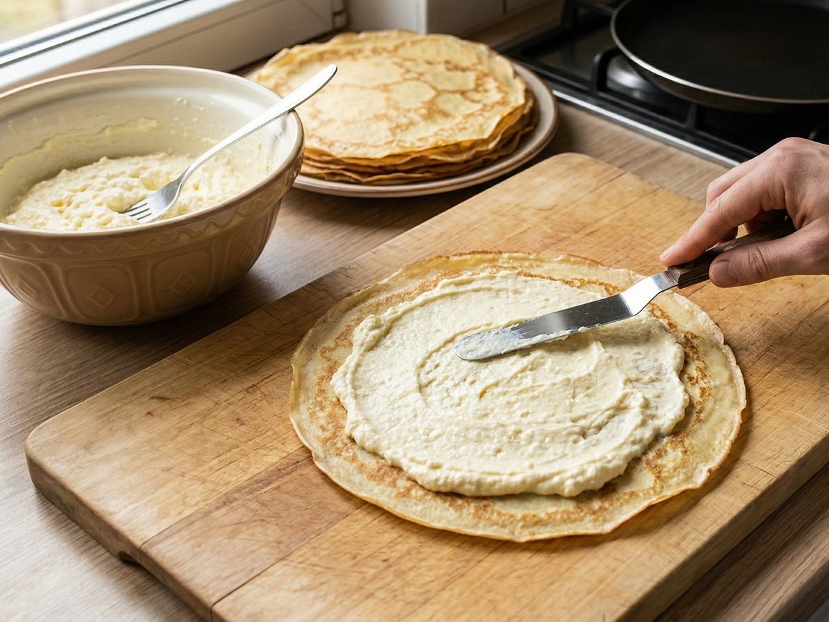 Person spreading filling on a crepe with a bowl of filling and more crepes in the background. | Cook & Keeper - nalesniki z twarogiem