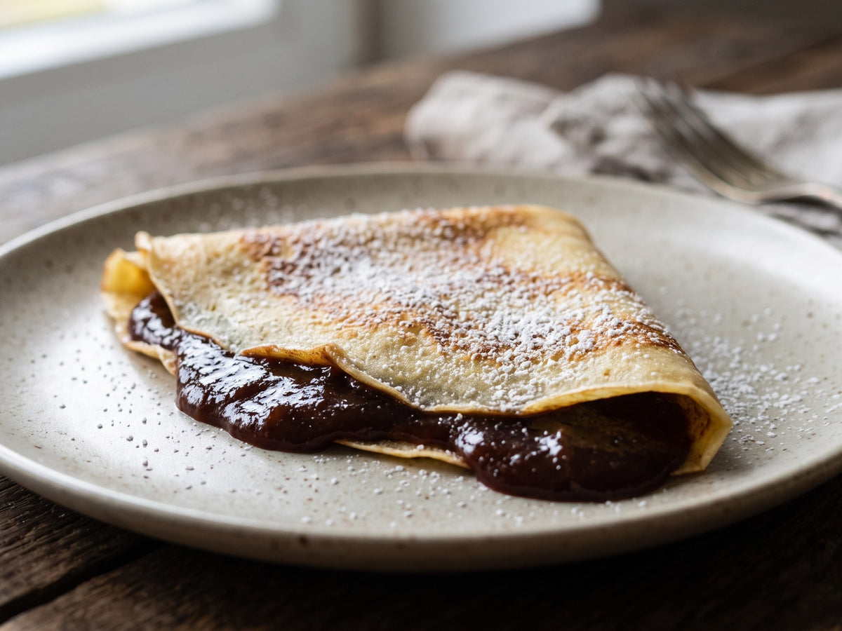 A single folded traditional Polish crepe filled with dark plum butter on a plate, dusted lightly with icing sugar.