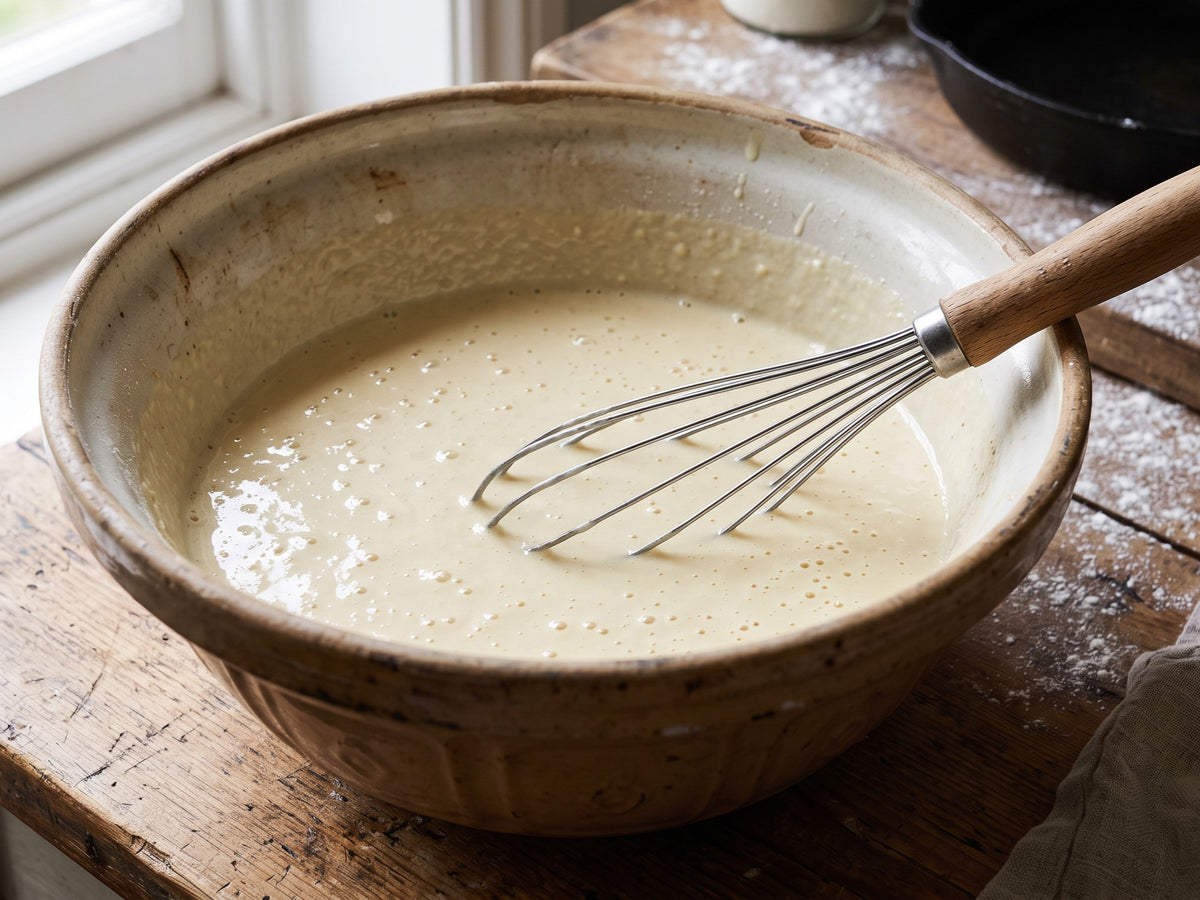 A wire whisk mixing smooth crepe batter inside a large ceramic bowl for traditional Polish Naleśniki.