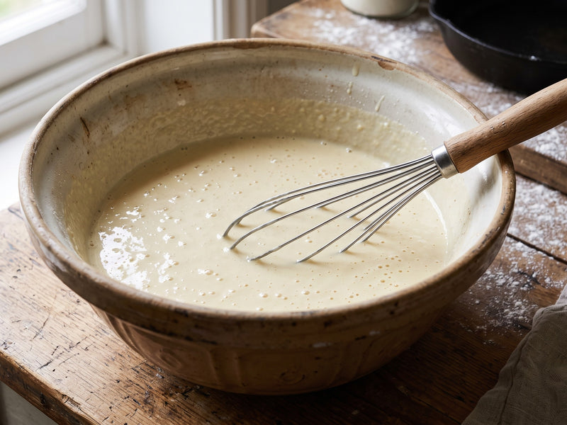 A wire whisk mixing smooth crepe batter inside a large ceramic bowl for traditional Polish Naleśniki.
