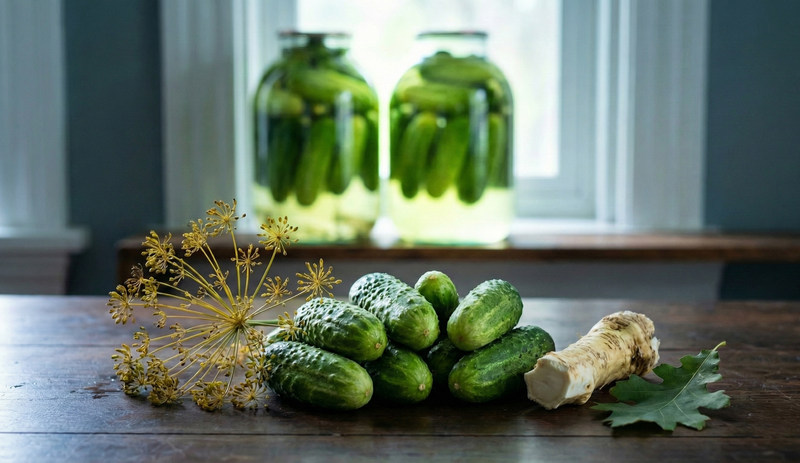 Cucumbers on a wooden table with jars of pickles in the background | Cook & Keeper - Ogorki Kiszone