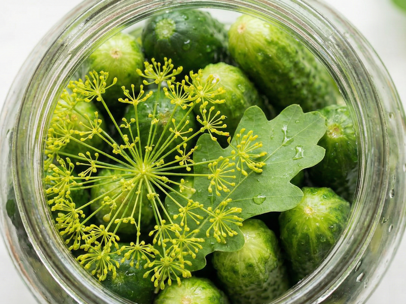 Jar of pickled cucumbers with dill and a leaf on a white background | Cook & Keeper - Ogorki Kiszone
