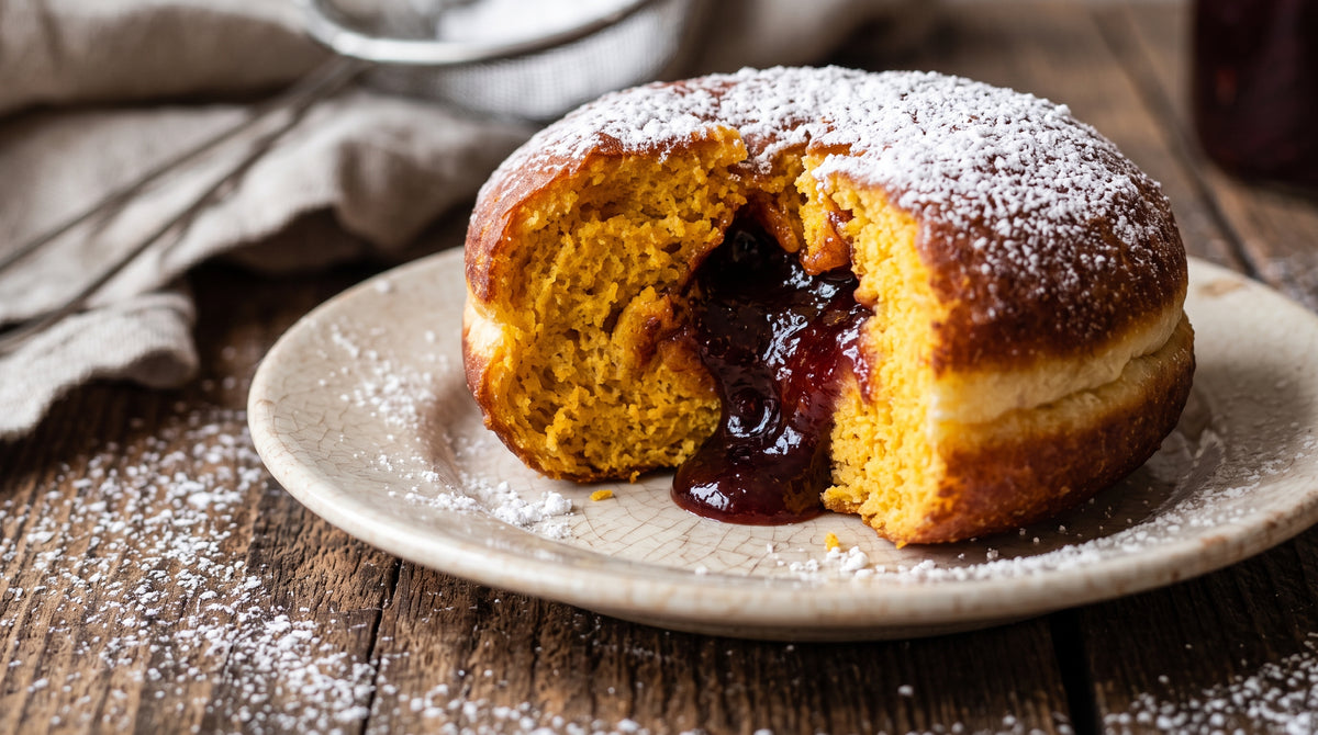 A close-up view of a single powdered Kuyavian potato and pumpkin doughnut on a cracked ceramic plate, broken open to show the bright orange crumb and glossy dark red plum jam center.