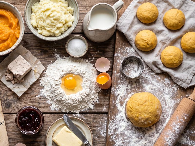 A top-down view of ingredients for making Kuyavian potato and pumpkin doughnuts on a wooden table, including bowls of mashed potatoes and pumpkin puree, flour with a cracked egg, yeast, and shaped dough balls.