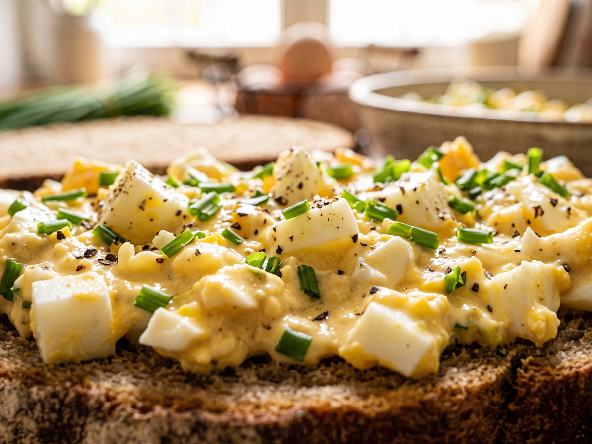 Close-up of a serving of creamy egg salad with diced hard-boiled eggs, chopped green chives, and black pepper on a slice of dark rye bread, with a softly blurred kitchen background. | Cook & Keeper - pasta jajeczna