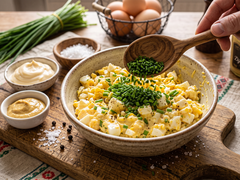 A ceramic bowl filled with a yellow and white egg-based dish topped with chopped green chives, with a hand holding a wooden spoon above it. Surrounding props include small bowls of mustard, mayonnaise, salt, black pepper, eggs in a wire basket, and a bundle of chives on a wooden board. | Cook & Keeper - Pasta jajeczna
