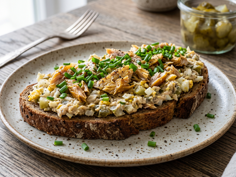 Open-faced whole grain toast topped with a creamy tuna salad and chopped chives, served on a speckled ceramic plate on a wooden table. | Cook & Keeper - pasta z makreli