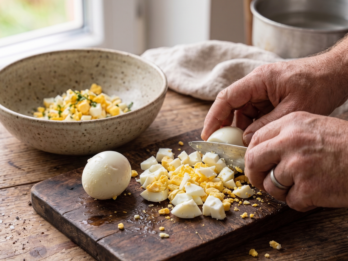 A close-up lifestyle shot of a person's hands slicing a hard-boiled egg on a dark wooden cutting board, with chopped egg pieces, a whole egg, and a speckled ceramic bowl of chopped egg in the background on a rustic wooden table. | Cook & Keeper - pasta z makreli