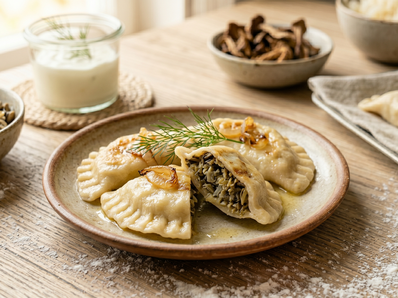 Dumplings on a plate with a bowl of mushrooms in the background | Cook & Keeper - Pierogi z kapusta i grzybami