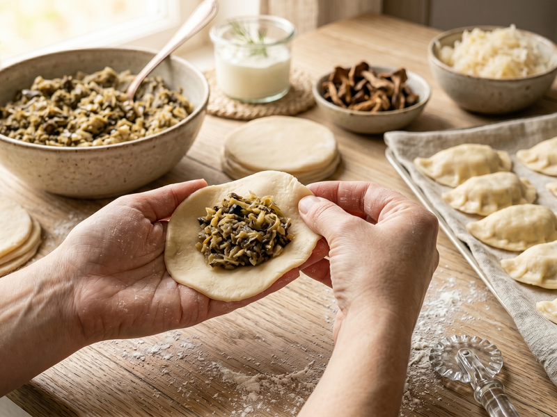 Person making dumplings with ingredients on a wooden table | Cook & Keeper - Pierogi z kapusta i grzybami