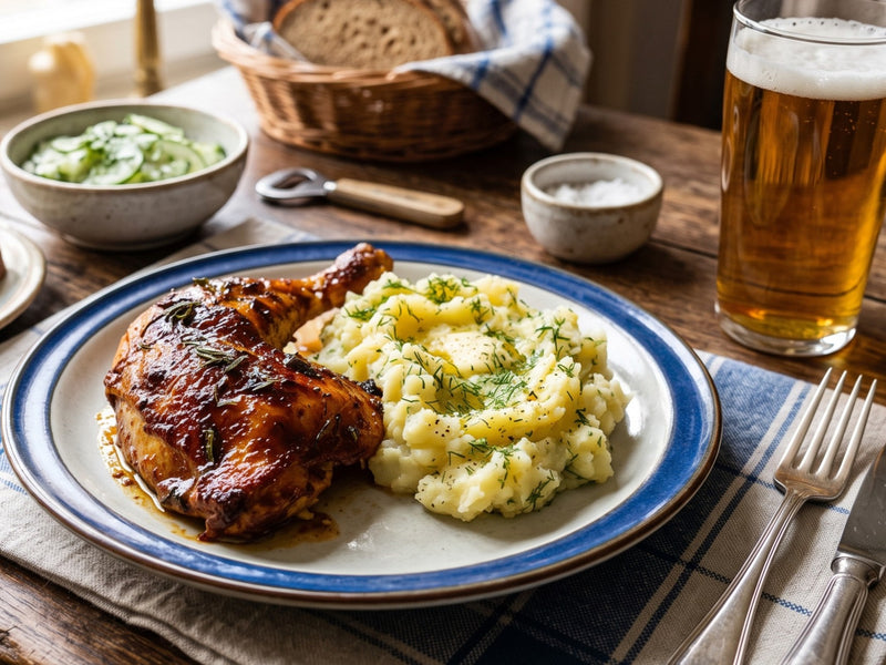 A roasted chicken quarter served on a plate with creamy dill mashed potatoes and a cold glass of beer.