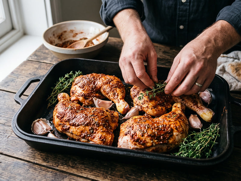 A home cook arranging fresh sprigs of thyme over spiced chicken quarters in a roasting tray.