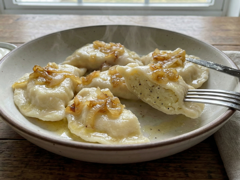 Dish of dumplings with onions on a wooden table | Cook & Keeper - Pierogi ruskie