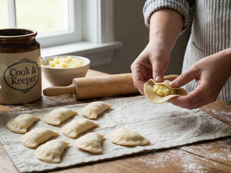 Person making dumplings on a wooden table with a 'Cook & Keeper' jar in the background.  | Cook & Keeper - pierogi ruskie