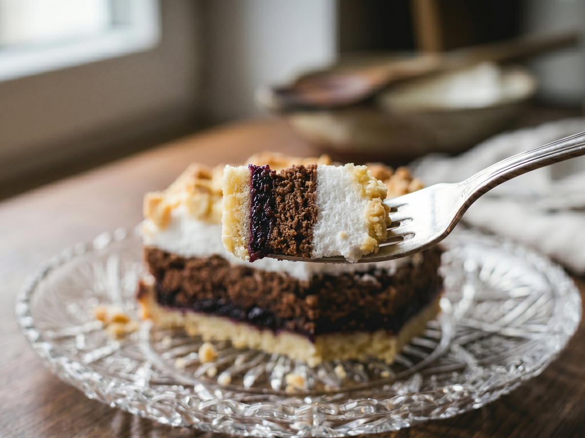Layered cake with a fork taking a bite on a glass plate | Cook & Keeper - Plesniak