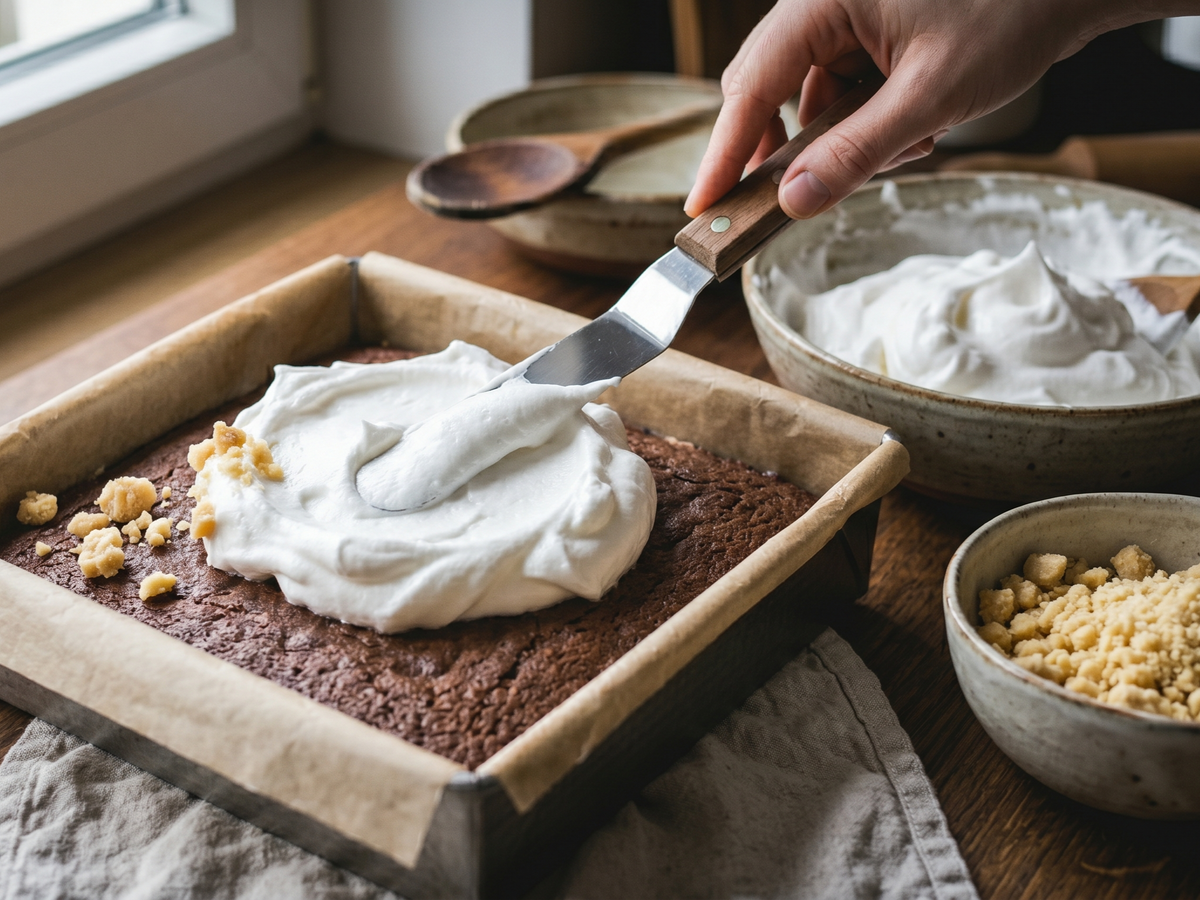 Person spreading merringue on a dessert with various bowls and ingredients in the background. | Cook & Keeper - Plesniak