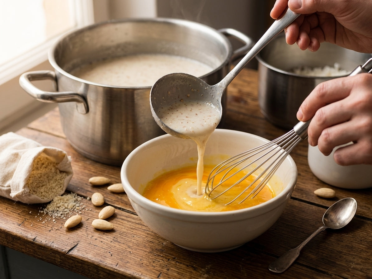 A hand using a ladle to pour hot almond milk into a heatproof bowl containing egg yolks and a wire whisk for tempering.