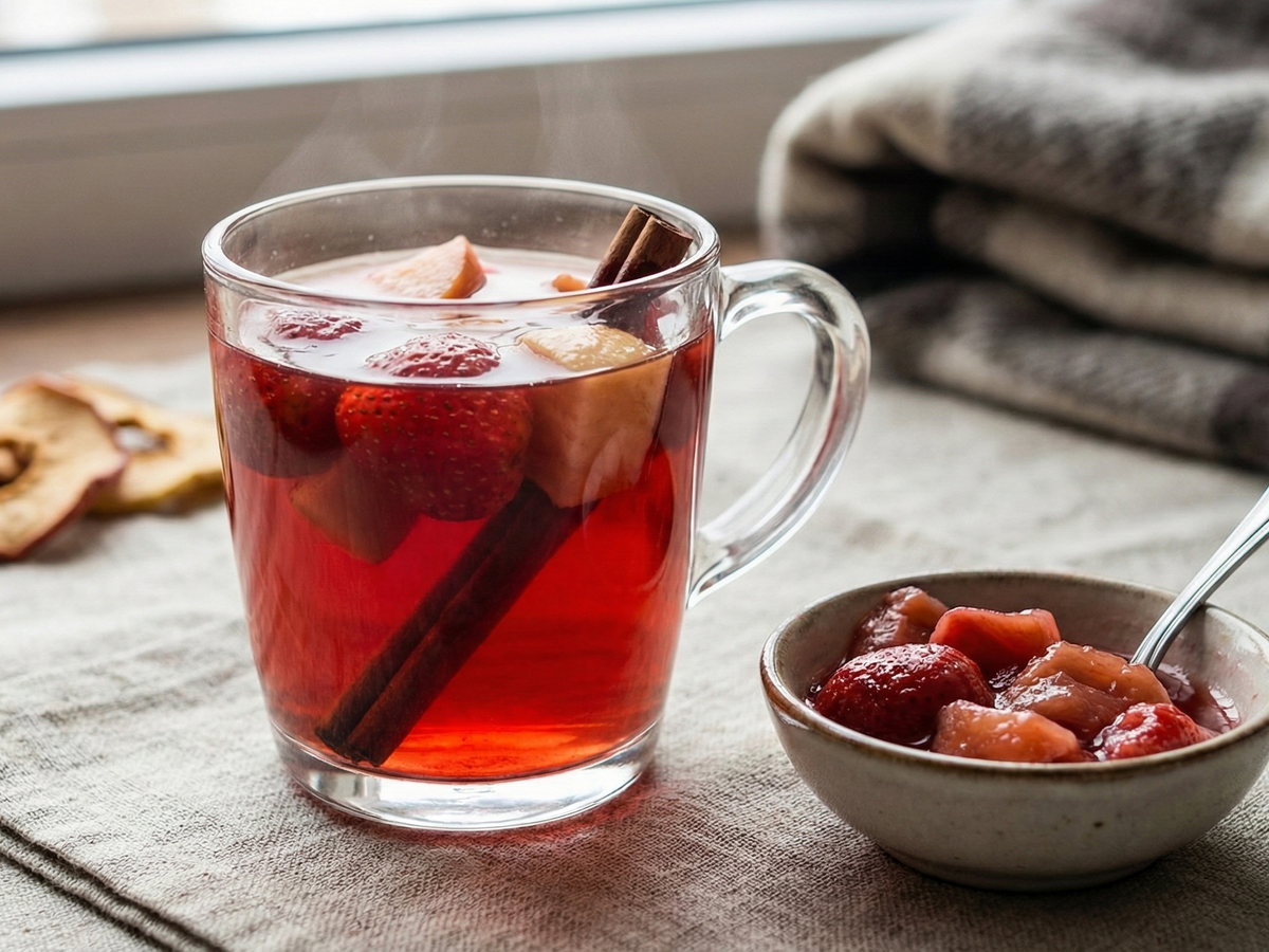 Hot drink with berries and cinnamon in a clear mug, accompanied by a bowl of fruit compote on a wooden surface. | Cook & Keeper - polish kompot