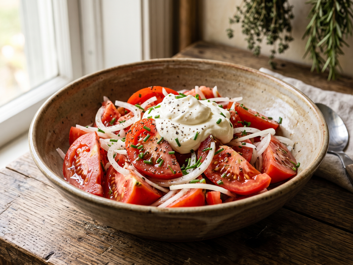 A rustic ceramic bowl filled with a tomato and onion salad topped with a dollop of white sauce, set on a wooden table near a window. | Cook & Keeper - pomidory w smietanie