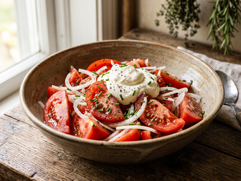 A rustic ceramic bowl filled with a tomato and onion salad topped with a dollop of white sauce, set on a wooden table near a window. | Cook & Keeper - pomidory w smietanie