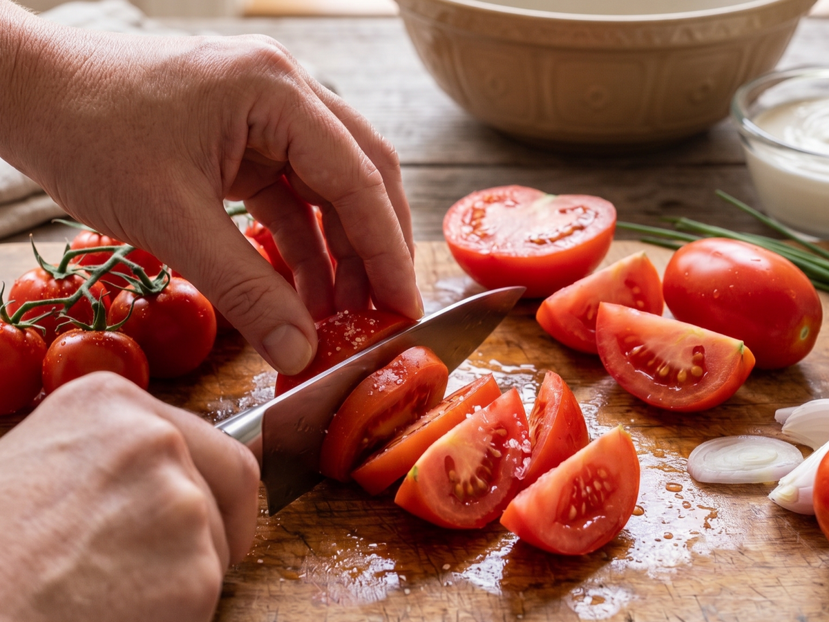 A close-up lifestyle shot of a person's hands slicing fresh red tomatoes on a wooden cutting board with a knife, with whole tomatoes, a bowl, and garlic in the background. | Cook & Keeper - pomidory w smietanie