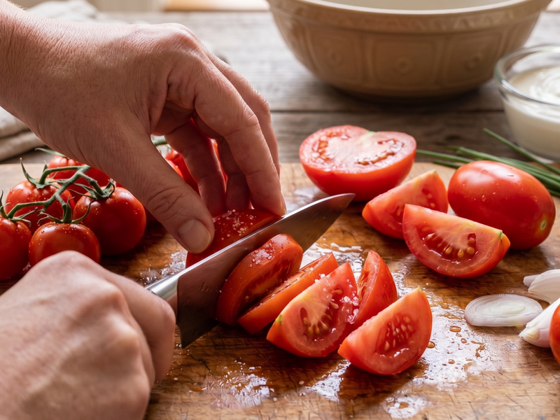 A close-up lifestyle shot of a person's hands slicing fresh red tomatoes on a wooden cutting board with a knife, with whole tomatoes, a bowl, and garlic in the background. | Cook & Keeper - pomidory w smietanie