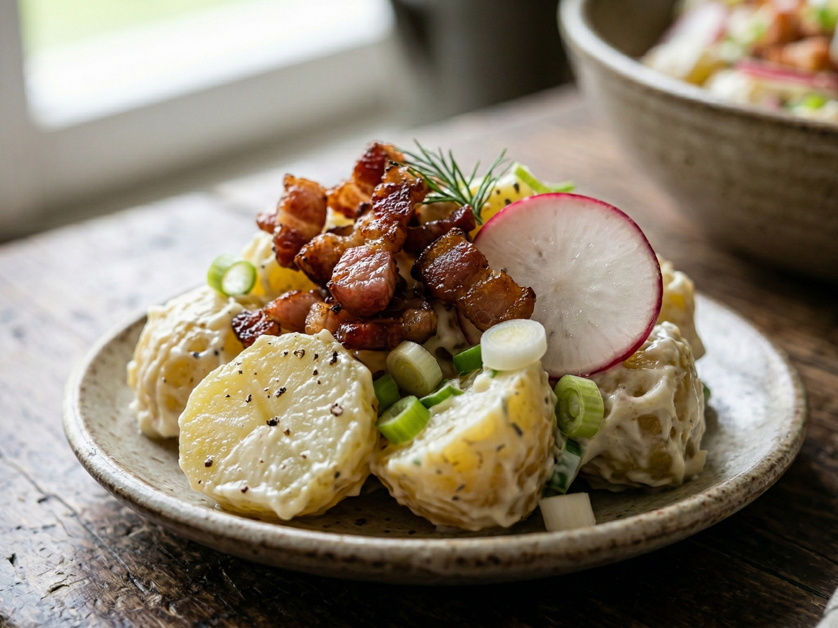 Plated potato salad with bacon and radish on a wooden table