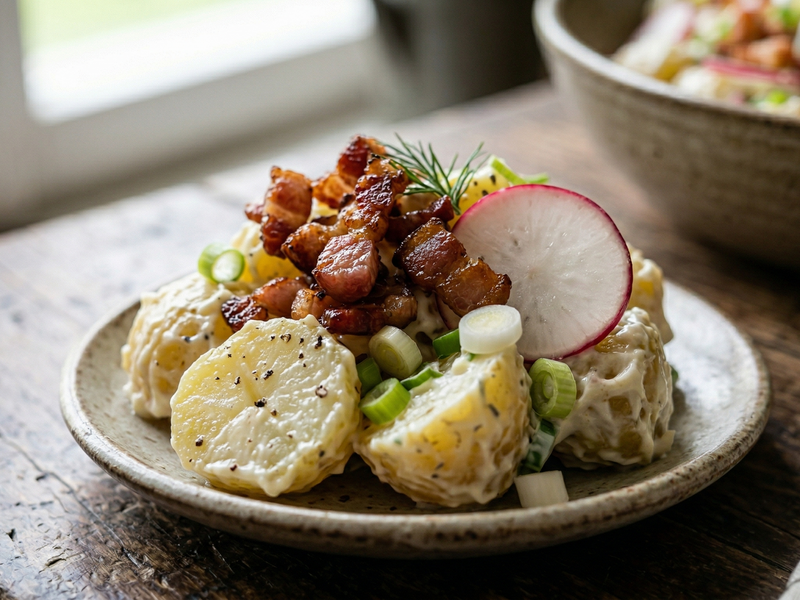 Plated potato salad with bacon and radish on a wooden table