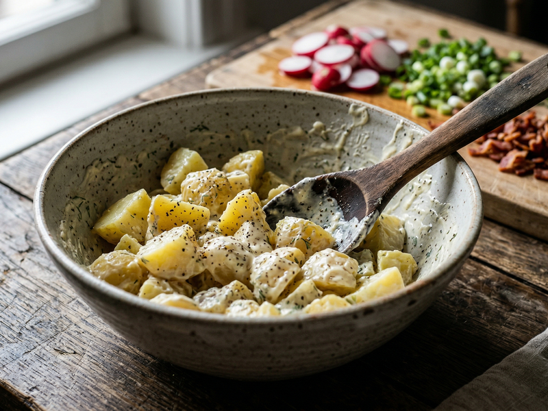 Pasta salad in a bowl with a wooden spoon on a wooden table