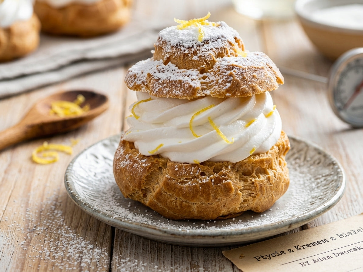 A close-up view of a single Polish lemon meringue cream puff filled with white marshmallow cream and dusted with icing sugar on a decorative plate.